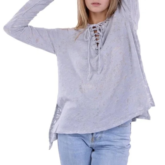 Anthropologie Maronie Lace Up V-Neck Hooded Top Distressed Sweater Size Medium - Picture 3 of 17